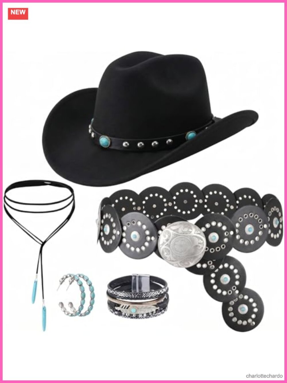 Western Cowboy Hat & Jewelry Gift Set with Turquoise, Felt Hat, Bracelet